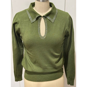 Women's LIV Milano Green Rhinestone Collared keyhole Neck Sweater S